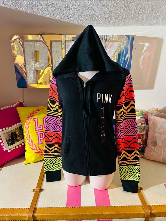 PINK Victoria's Secret Sweaters - NWT PINK Black Zip up with Neon Aztec sequin sleeves